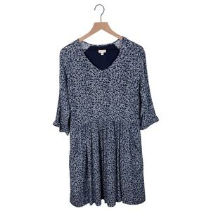 Garnet Hill Bohemian Pocket-Detail Dress Size 8 Navy Blue White Floral Prairie